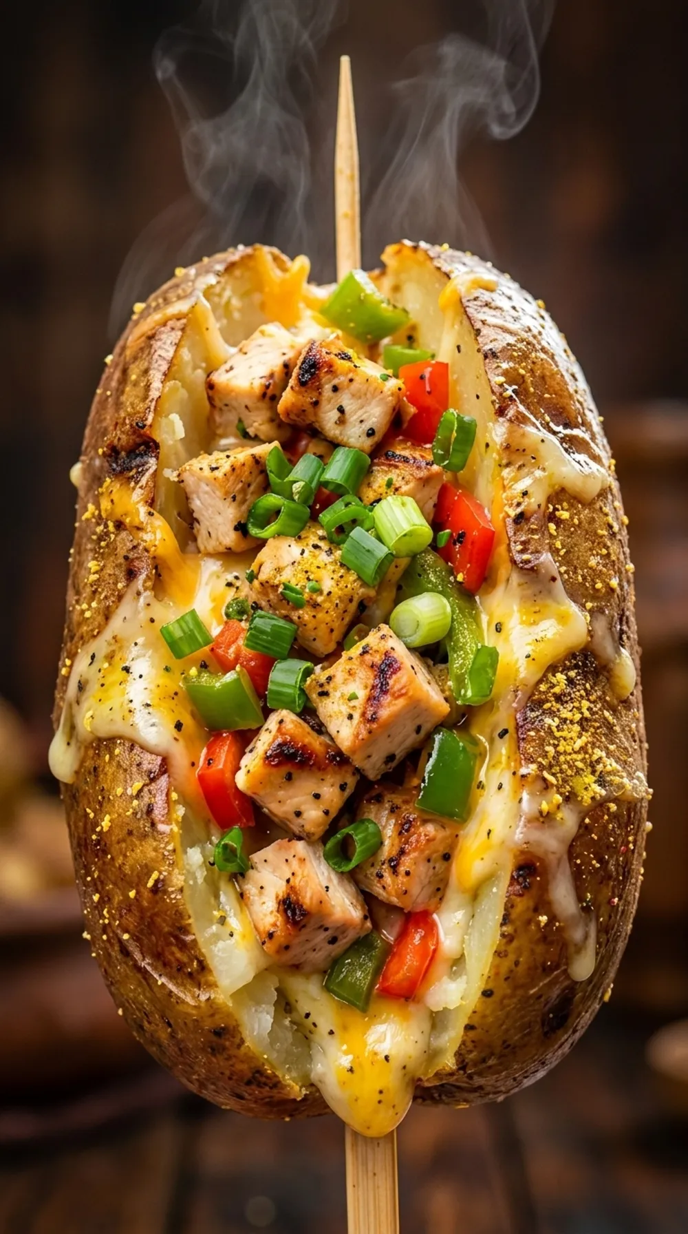 A loaded potato on a stick piled with cheese, chicken, green onion and peppers