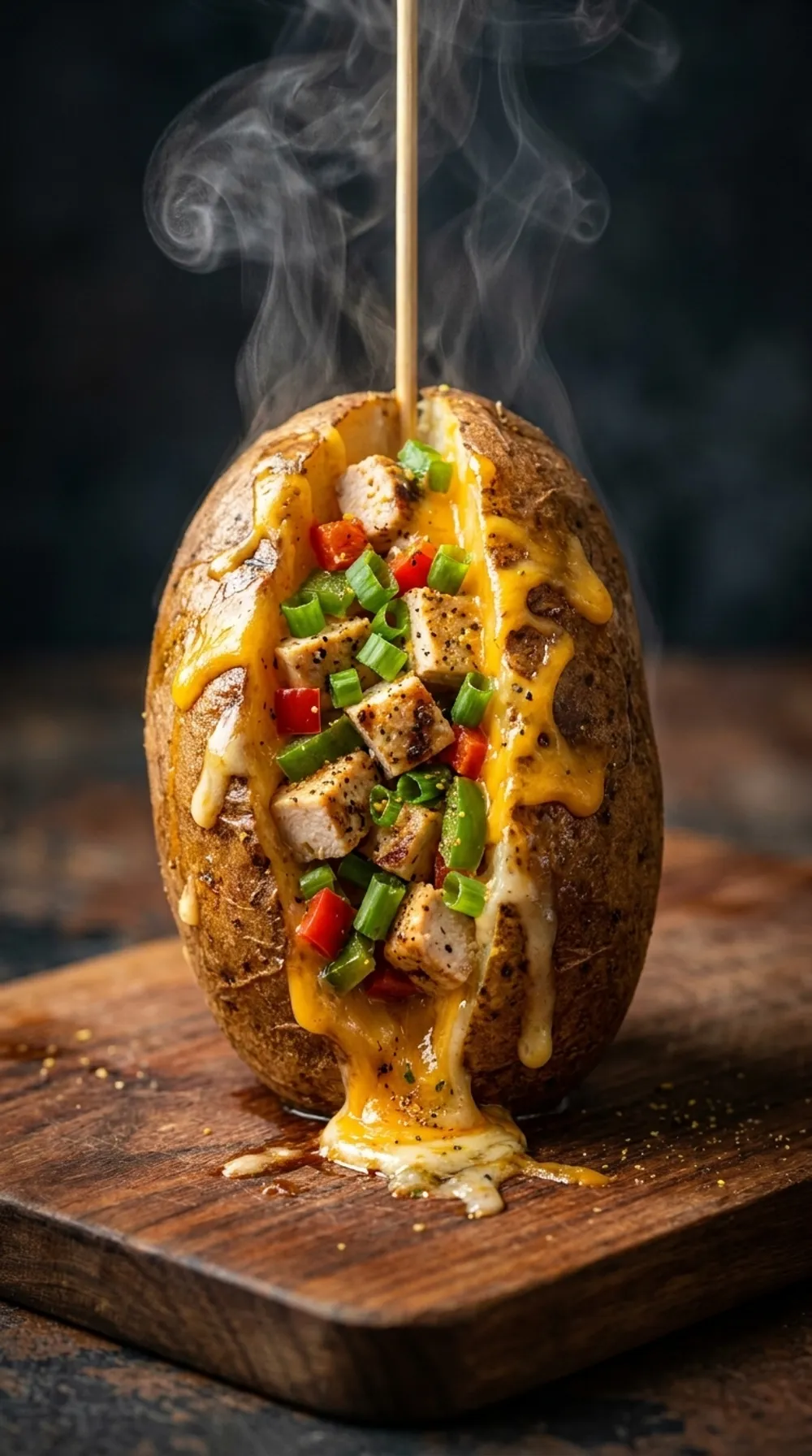 A single loaded potato on a stick standing upright, cheese and toppings dripping down