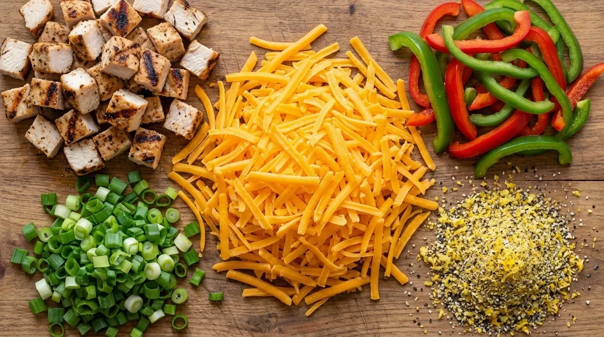 Colorful toppings - shredded cheese, diced grilled chicken, green onion, bell peppers and lemon pepper